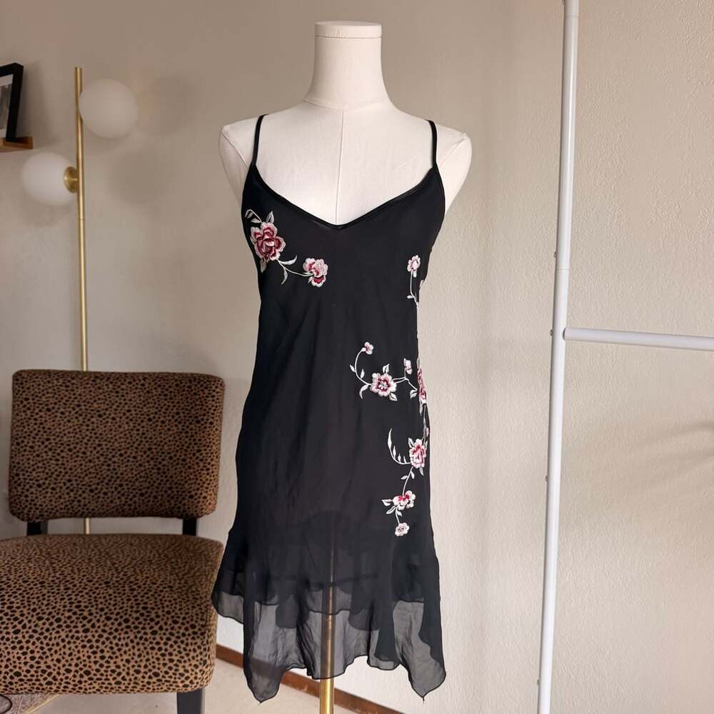Vintage Black Chiffon Embroidered Floral Slip Dress Nightgown
